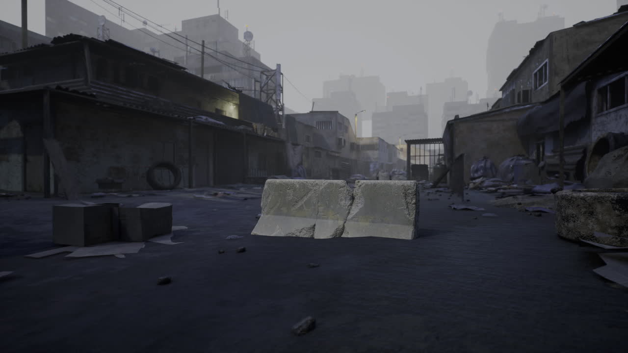 Urban street in disarray shows abandoned buildings and debris at dusk