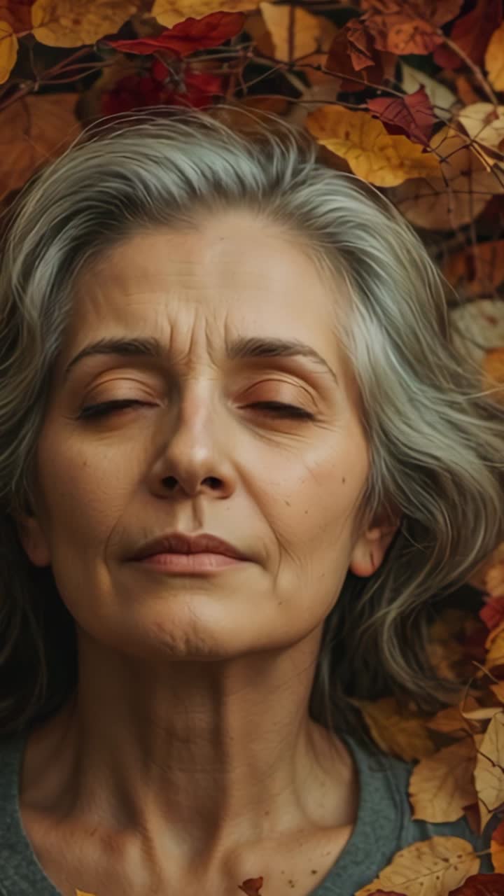 Vertical video: Twitching left eyelid awakening senior woman opening eyes on fallen autumn leaves