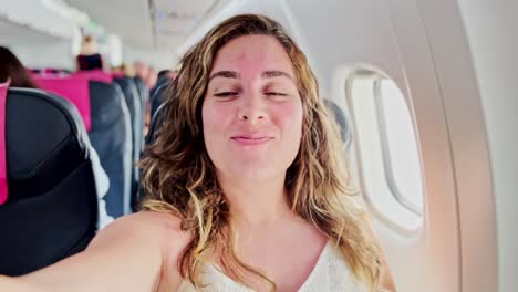 young woman taking selfie in airplane seat by window