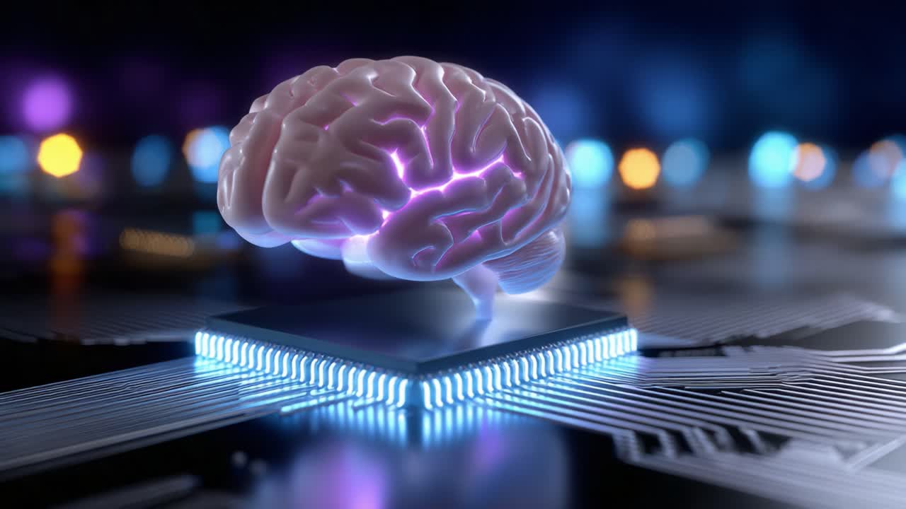 A Stunning Visual Representation of the Intersection between Human Intelligence and Modern Technology, Featuring a Futuristic Brain over a Circuit Board Symbolizing Advanced Computing and Cognitive Processes