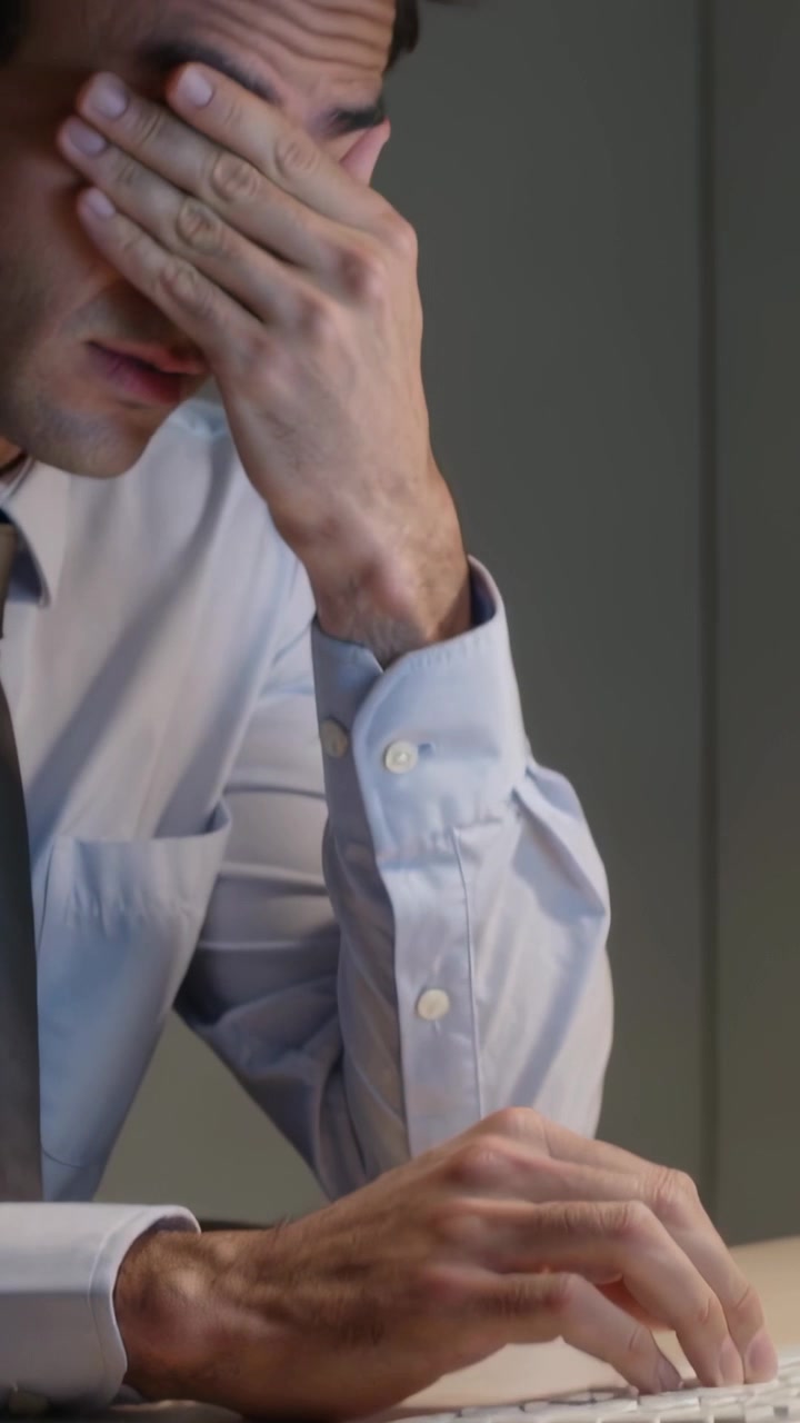 Video verticale: Uomo in camicia e cravatta che digita alla scrivania, si ferma per la stanchezza strofinandosi gli occhi tra tastiera e documenti.