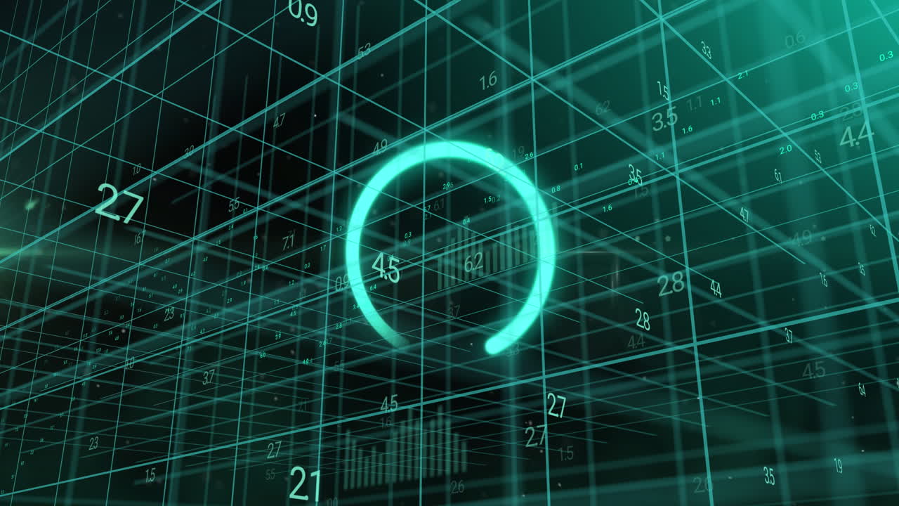 animación de números y procesamiento de datos sobre cuadrícula y fondo oscuro