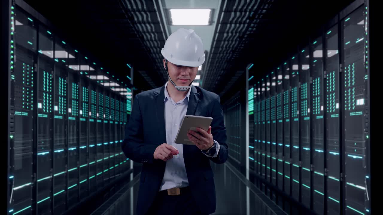 Front View of Asian Businessman Use Tablet While Walking in Server Room Data Center