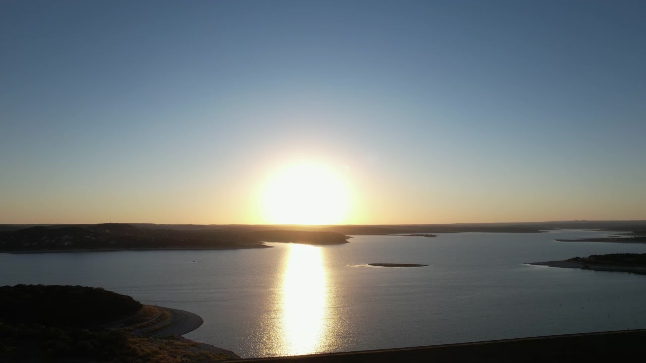Wide Aerial view of Canyon Lake at sunset in the Texas Hill Country