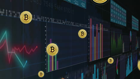 animación del procesamiento de datos digitales sobre íconos de bitcoin