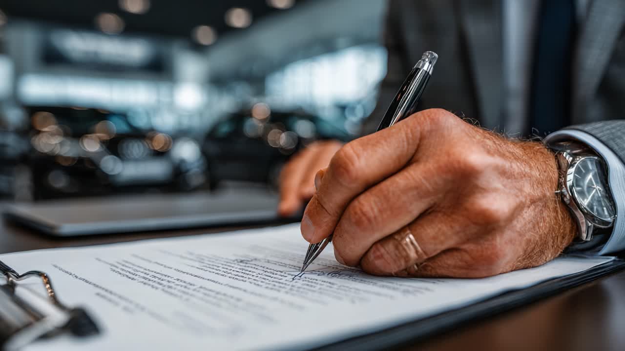 Un individuo che finalizza un documento in un contesto professionale, sottolineando l'importanza dei contratti e degli accordi nelle transazioni commerciali.
