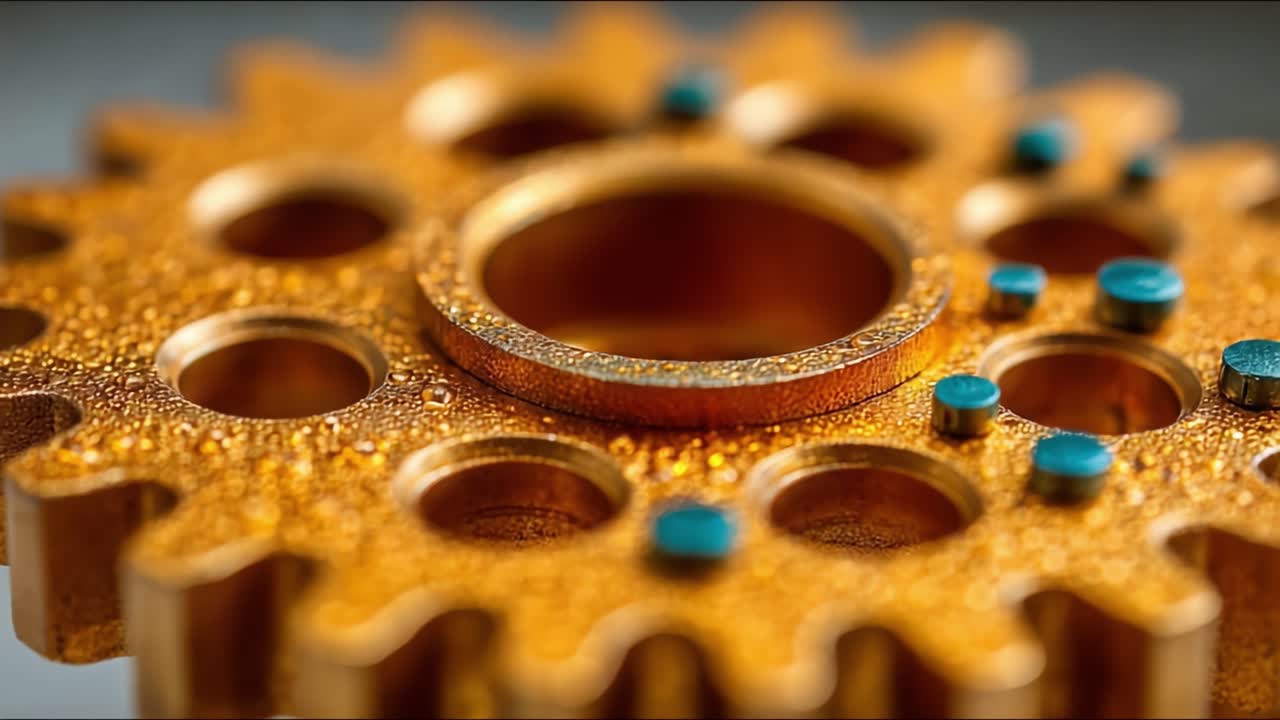 Detailed Close-up of an Intricate Metallic Gear with Textured Surface and Colorful Pins, Showcasing Precision Engineering and Craftsmanship in Machinery