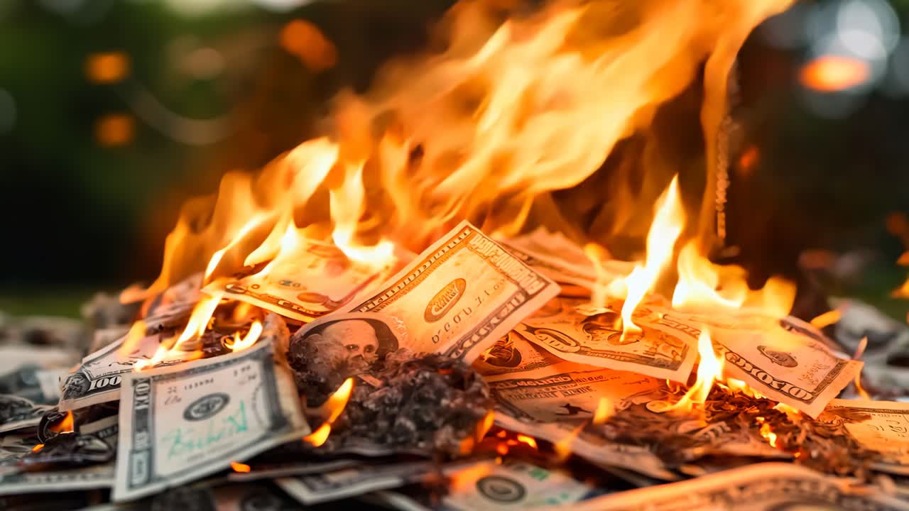 A pile of money on fire with a tree in the background