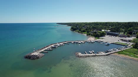 slow drone aerial view of a marina in bailey's harbor, wisconsin