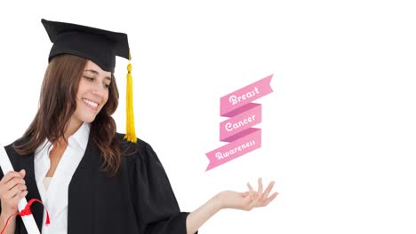 animación de texto de cáncer de mama rosa sobre una estudiante sonriente