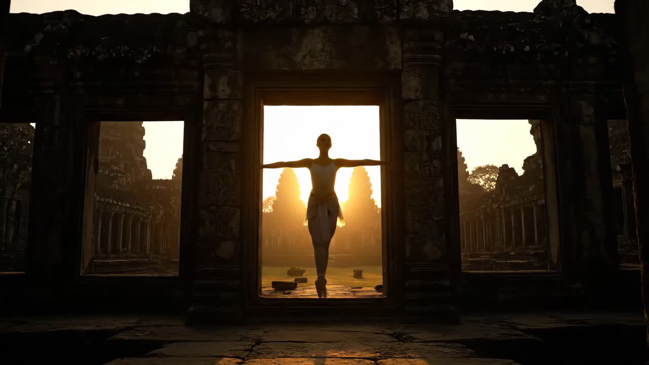 Silhouette of a dancer in an ancient temple at sunrise