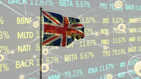 animación de la red de iconos de perfil y procesamiento de datos del mercado de valores contra la bandera del reino unido ondeando