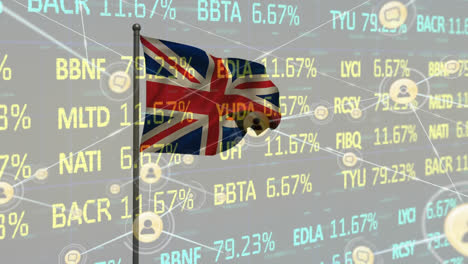 animation of network of profile icons and stock market data processing against waving uk flag