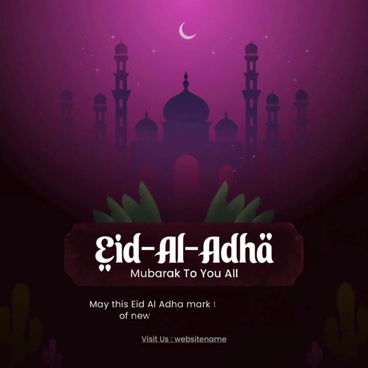 Animazione banner di auguri Eid Al Adha con personaggi bambino, mucca, pecora e cammello