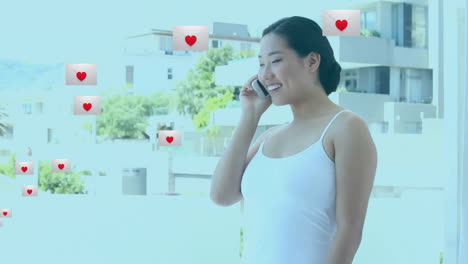 talking on phone, woman surrounded by heart icons in animation