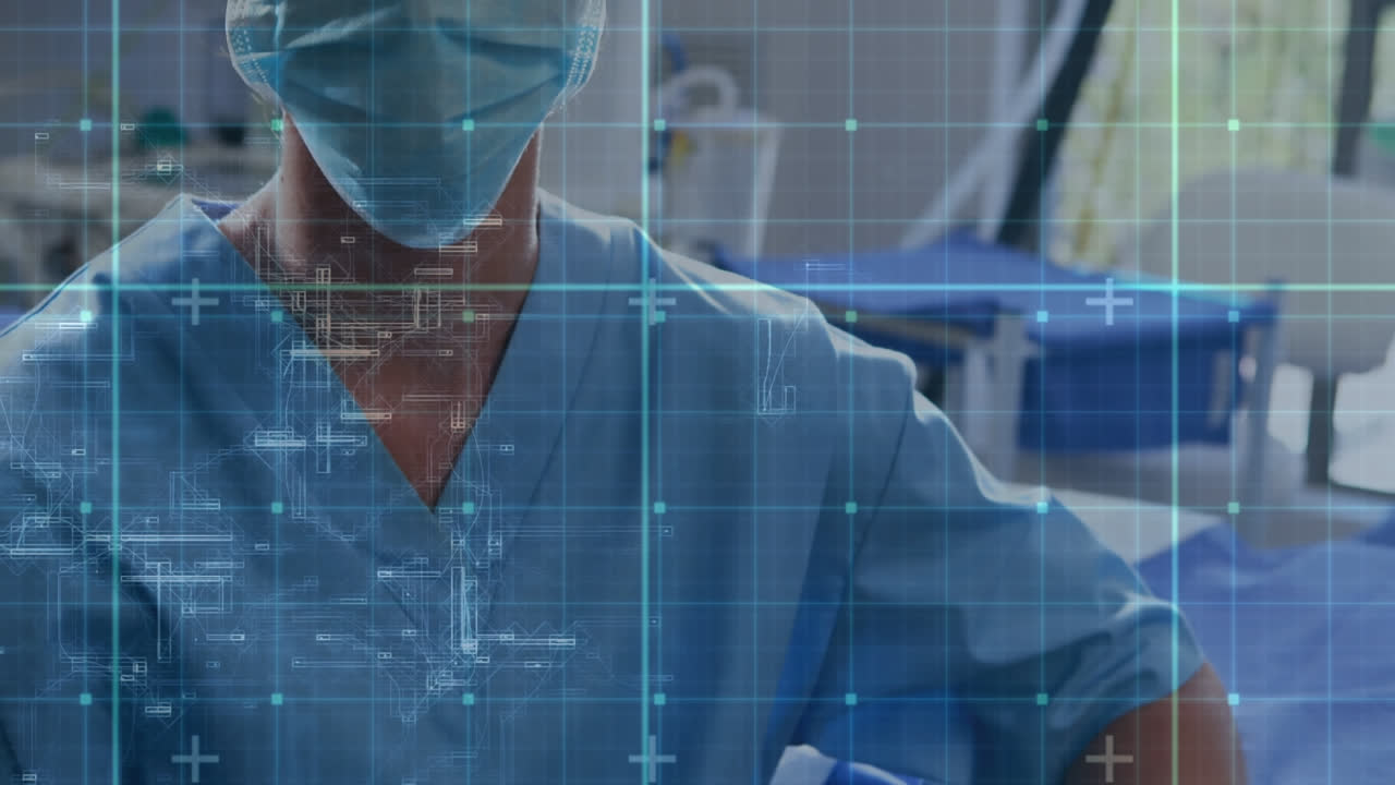animación de la red de cuadrícula en primer plano de una cirujana caucásica con máscara quirúrgica en el hospital