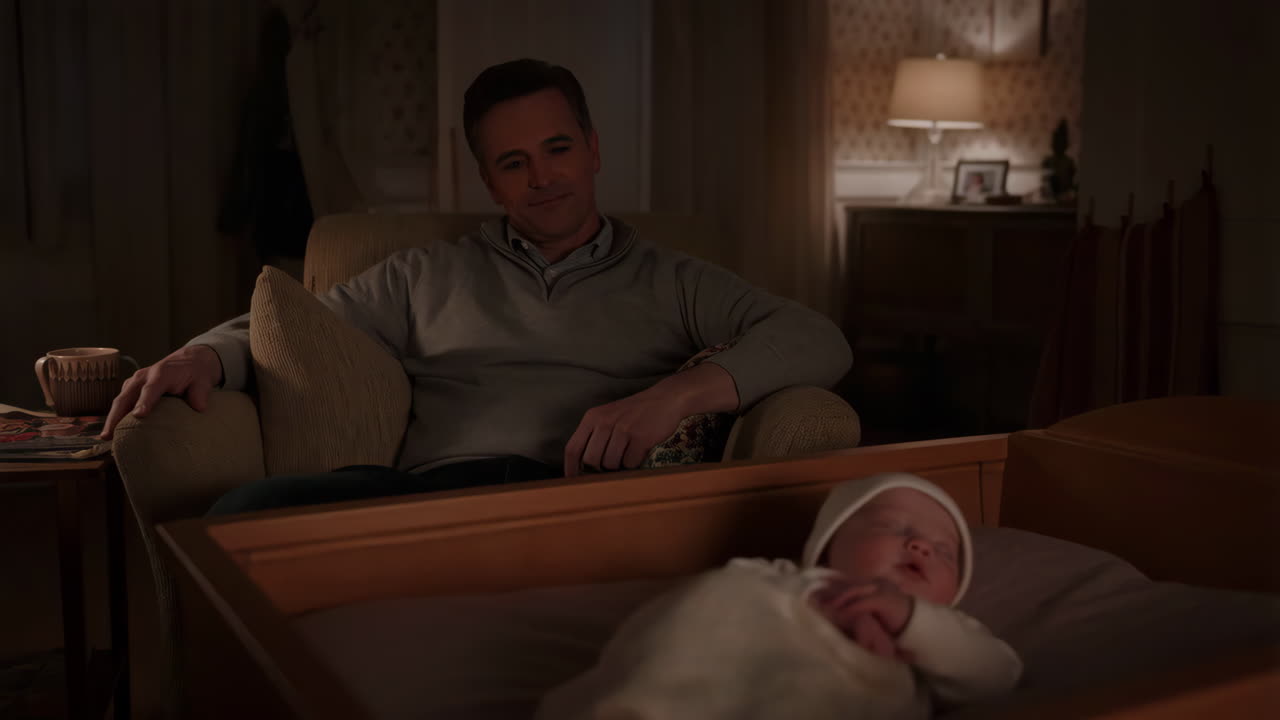 Far våker over sovende baby i en barneseng