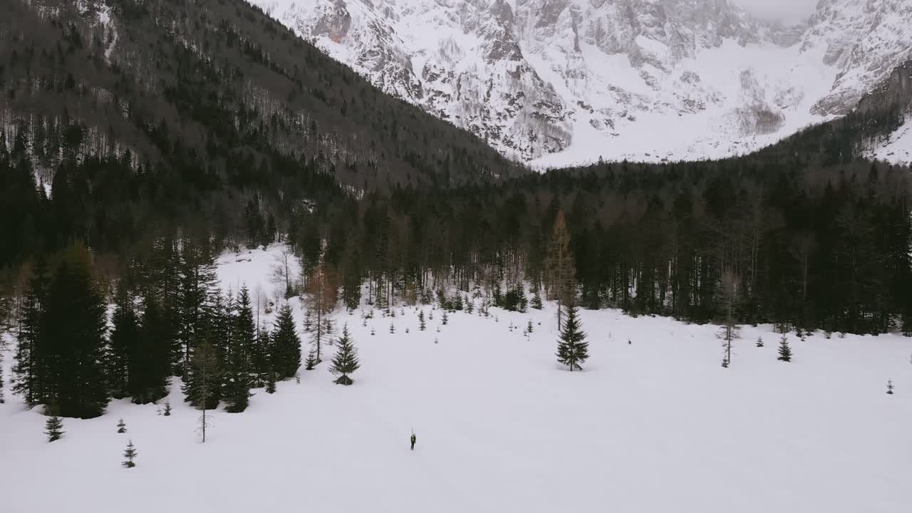 paisaje rural cubierto de nieve durante el invierno en krnica, eslovenia - toma aérea de drones