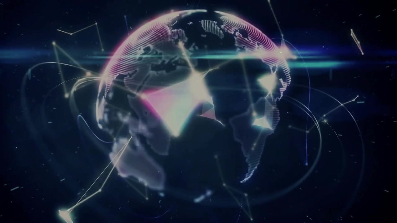 Dark starfield starting nodes drifting lines pulsing facets forming rolling globe showing network