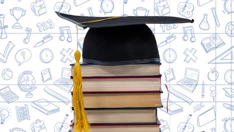 Animation-of-books-and-graduate-cap-over-school-items-on-white-background