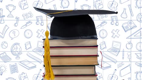 animation of books and graduate cap over school items on white background