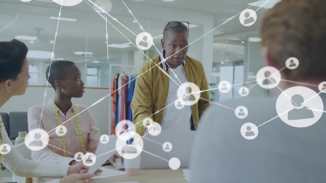 Animation of network of connections over diverse business people in office