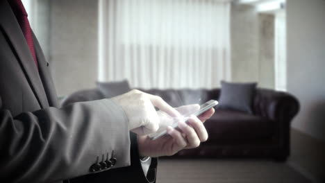 businessman using smartphone in living room