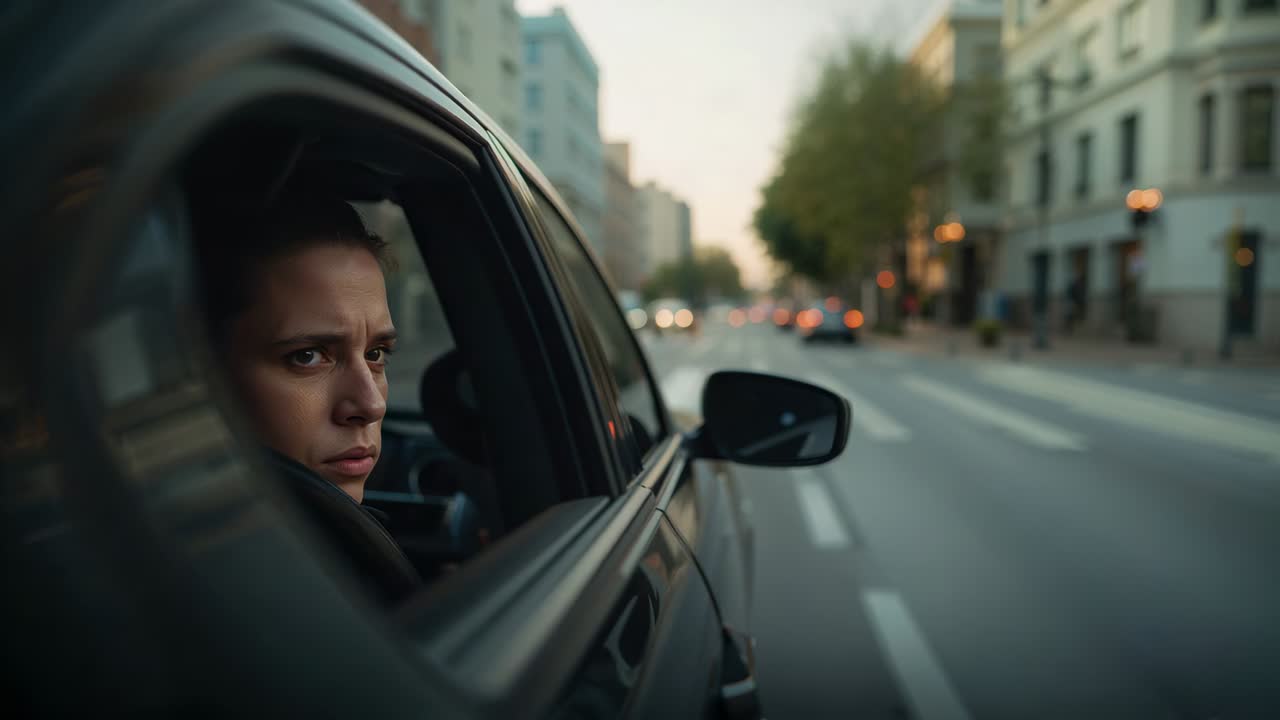Coche pasando por un paso de peatones; un pasajero con abrigo oscuro explora el tráfico, retrovisor lateral, espacio para texto