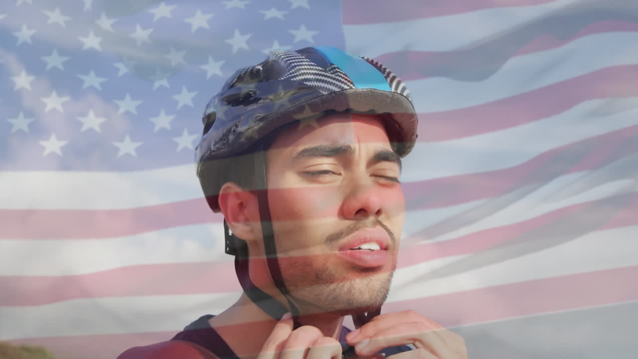 animación de la bandera de los estados unidos de américa sobre un hombre biracial en la playa