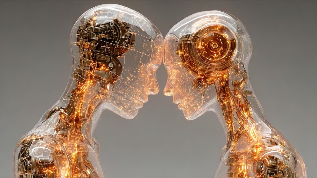 A Futuristic Encounter: Two Transparent Robots Engaging in a Deep Connection, Surrounded by Glowing Circuitry and Technology Innovations Emphasizing Intelligence and Emotion