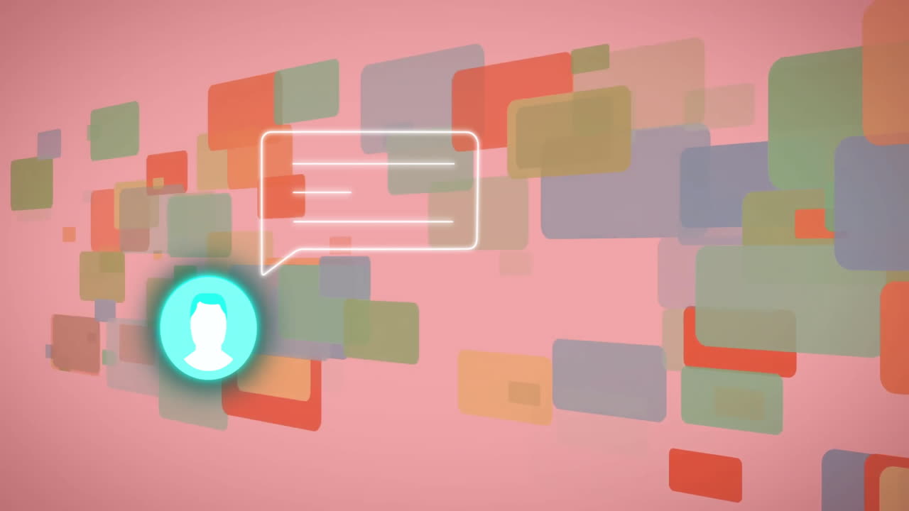 채팅 버블과 사용자 아이콘 애니메이션은 분홍색 배경의 다채로운 직사각형 위에 있습니다.