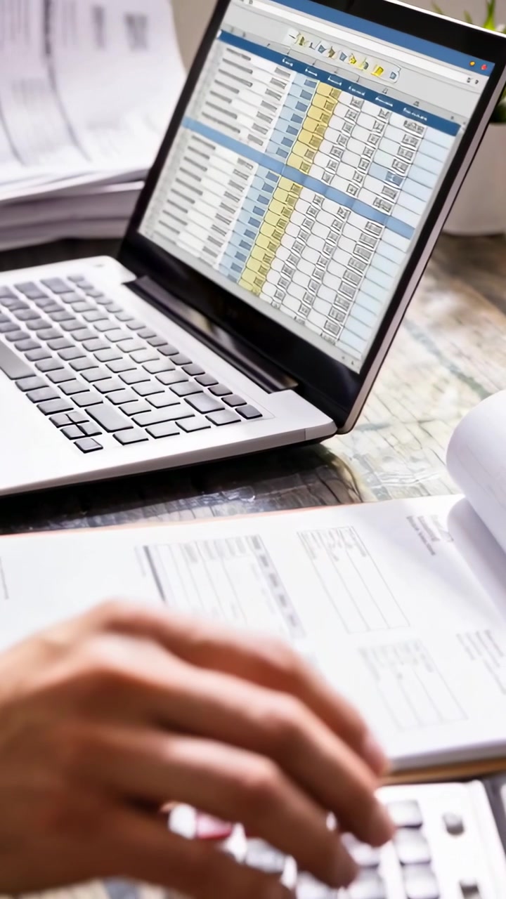 Video vertikal: Laptop menampilkan spreadsheet, tangan berlengan mengetuk formulir di dekat kalkulator, sedang menyeimbangkan