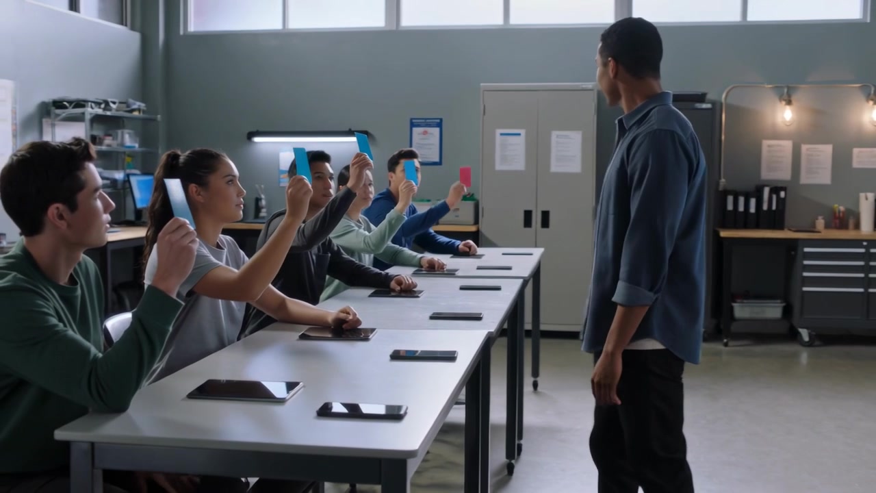 Entrando da destra, un istruttore in camicia di jeans conduce una sessione in laboratorio, toccando tablet e alzando carte.