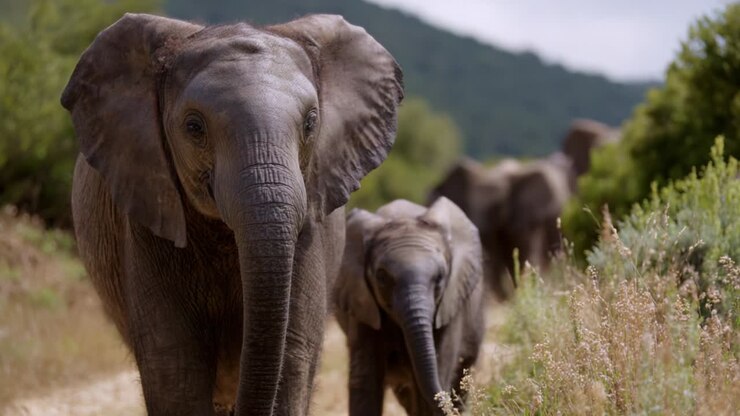 Elefantes majestosos atravessam a luxuriante região selvagem, exibindo sua força e beleza enquanto se movem instintivamente juntos em um habitat natural, enfatizando a importância da conservação e da proteção da vida selvagem.
