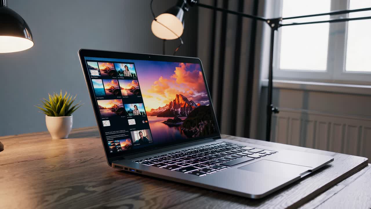 Immagine laterale di un laptop su una scrivania di legno, che mostra le anteprime video