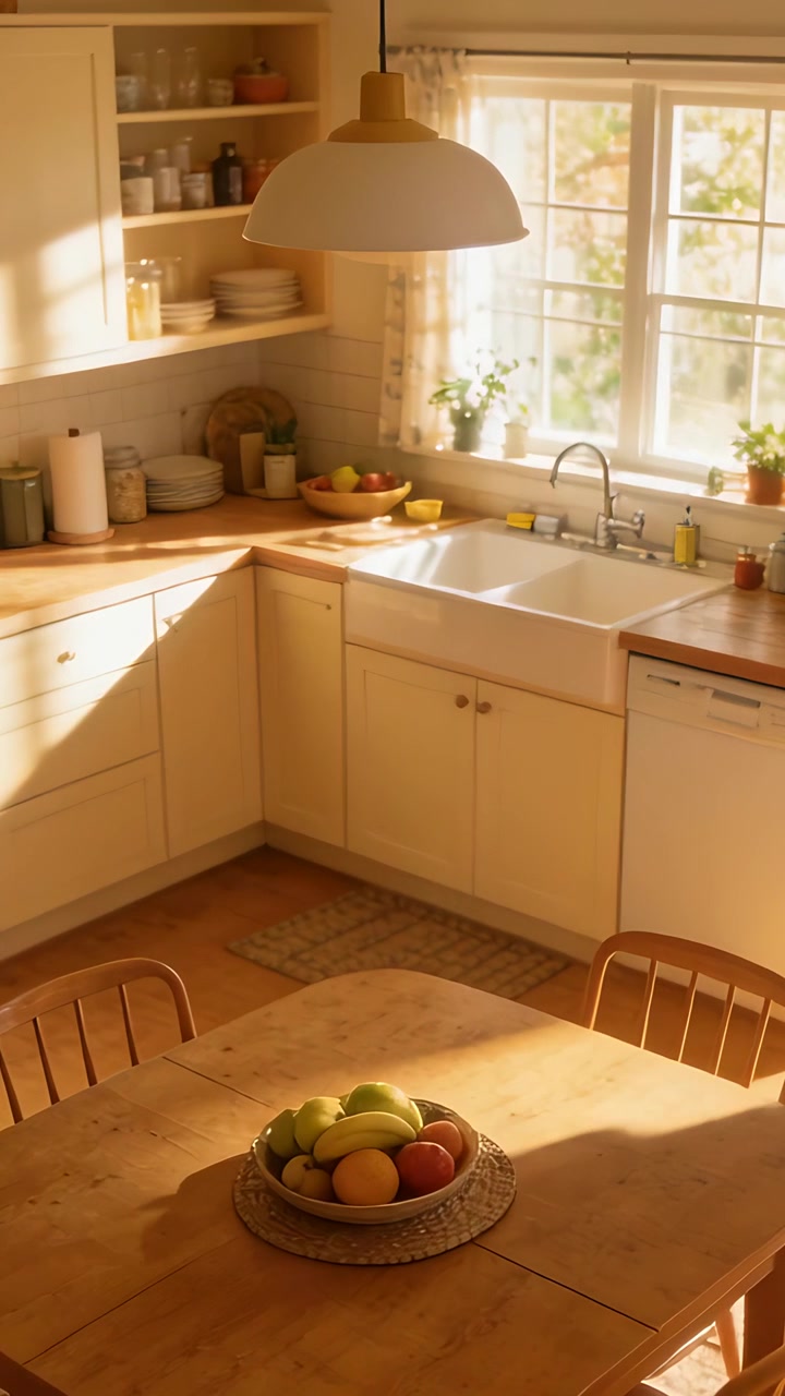 Video verticale: Luce in movimento che illumina un tavolo in cucina, ciotola di frutta, persona in camicia blu che entra
