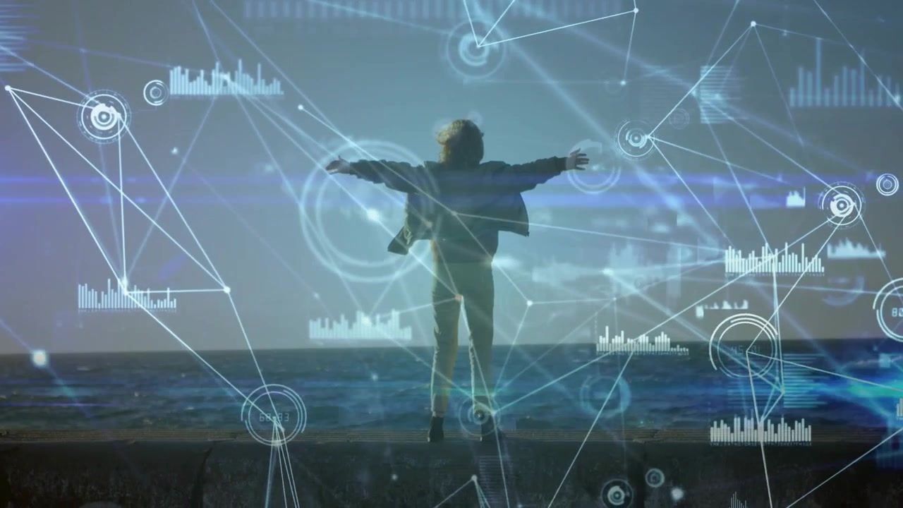 Cam pulling back, woman holding arms on pier, HUD graphics layering around silhouette, showing tech