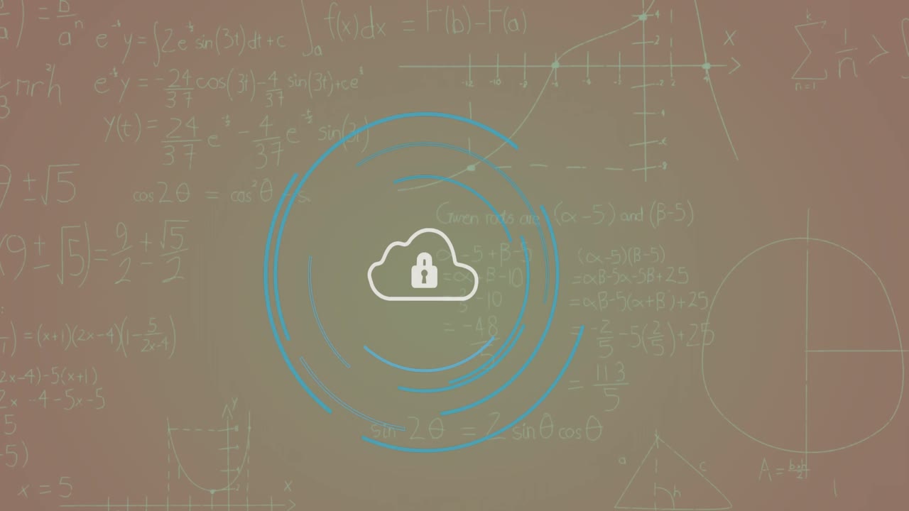 animación del icono del candado de seguridad y las ecuaciones matemáticas contra un fondo de gradiente púrpura