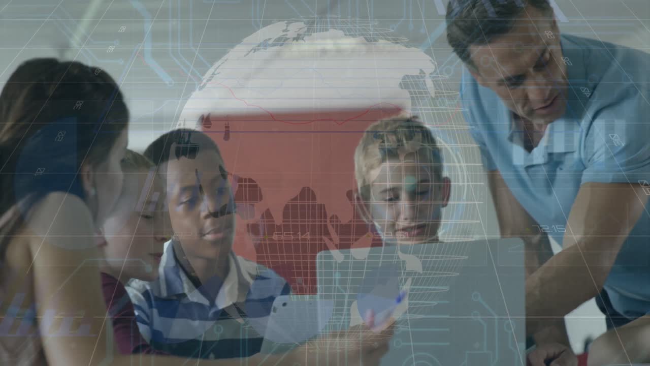 animación de gráfico y globo sobre profesor caucásico masculino y clase de alumnos diversos usando portátil