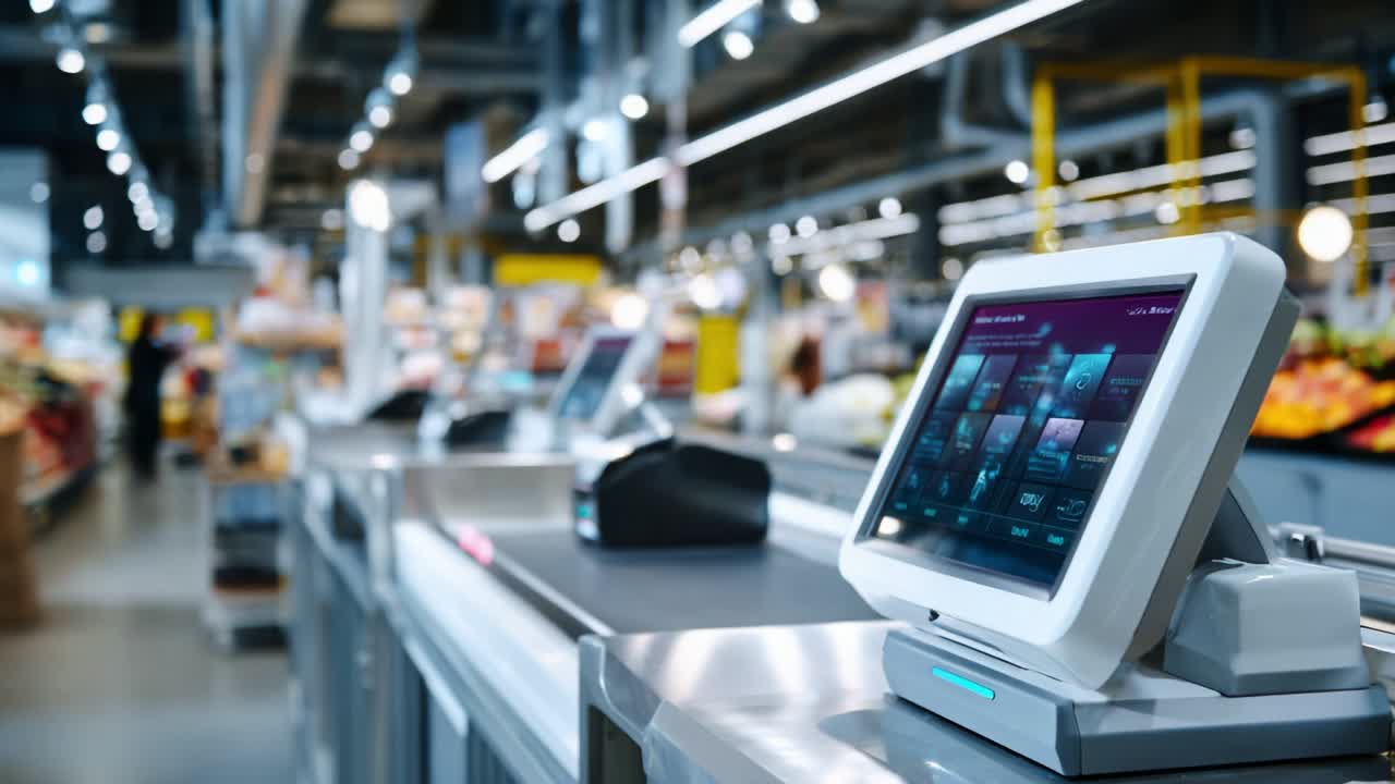 Modern Checkout Area Showcasing Self-Service Kiosks and Advanced Payment Solutions with Brightly Lit Aisles in a Busy Retail Environment, Highlighting Convenience and Technology Integration