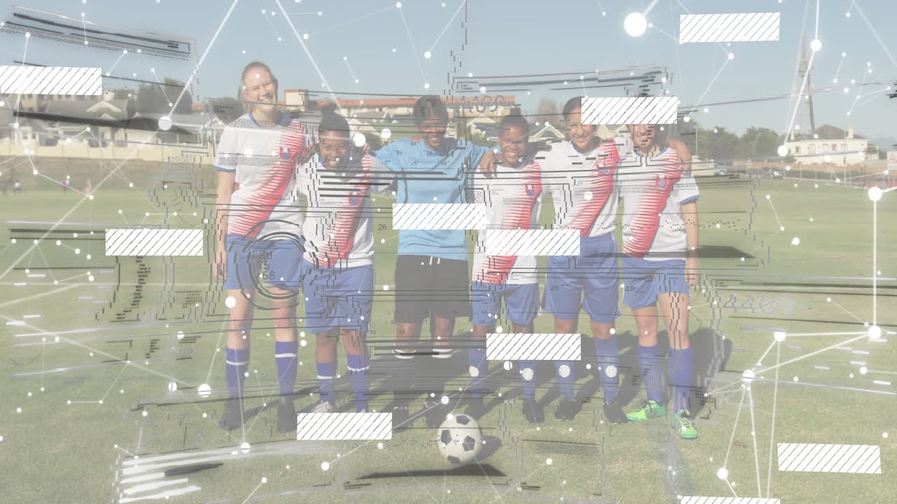 Opening shot generating tech overlay pulsing over six soccer players linking arms goal portrait