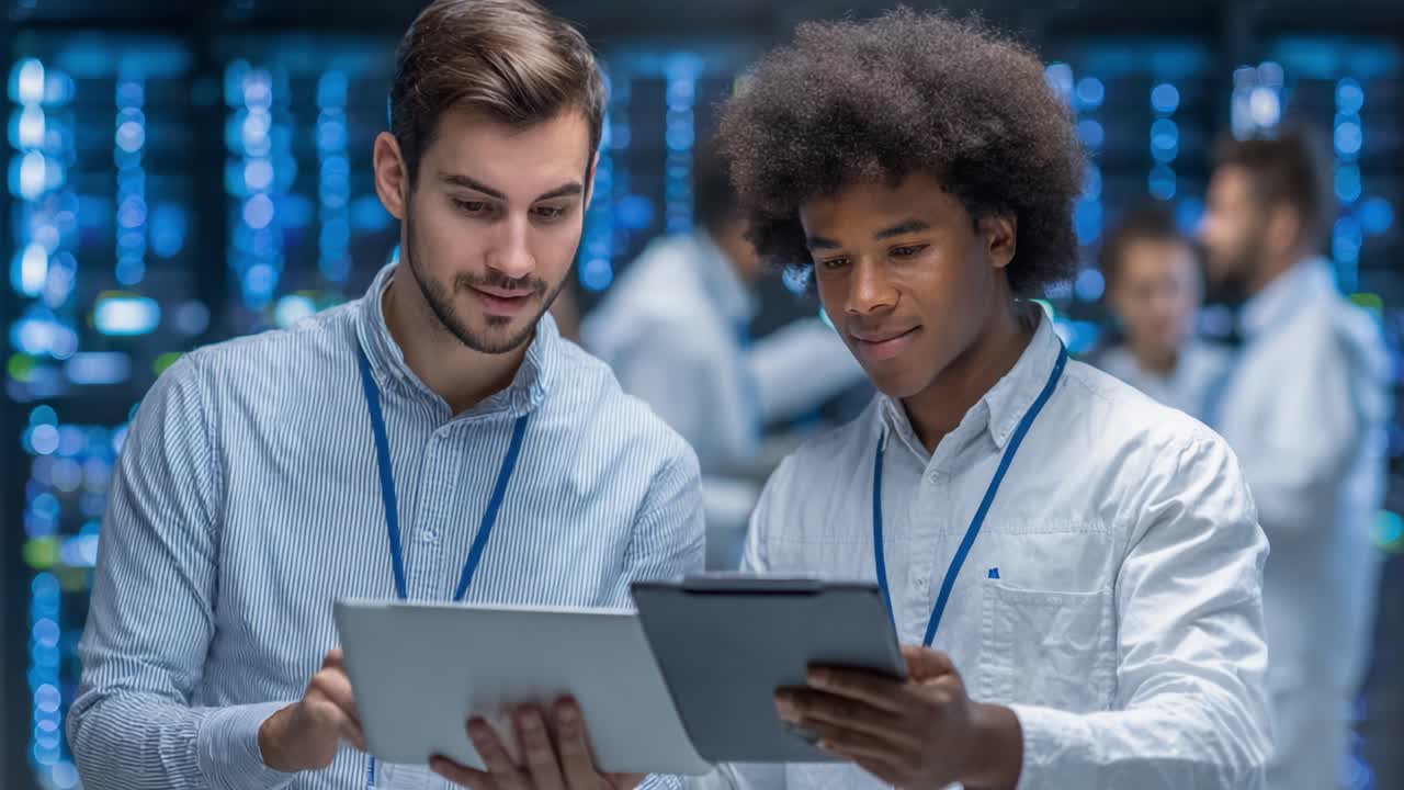 Two young professionals collaboratively examining digital devices in a modern data center, showcasing teamwork and innovation in a tech-driven environment