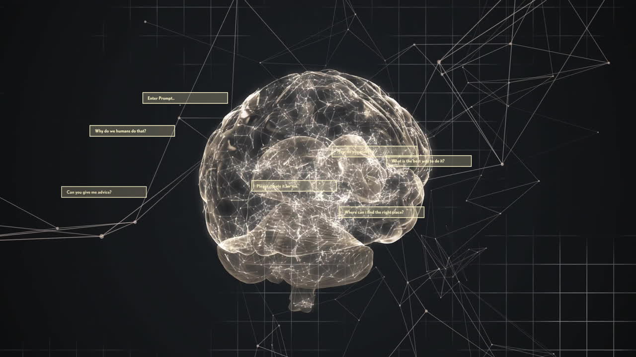 Animation of data processing and connections over digital brain spinning