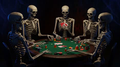 a spooky night at the poker table: animated skeletons engaged in a game of strategy and chance under dim lighting