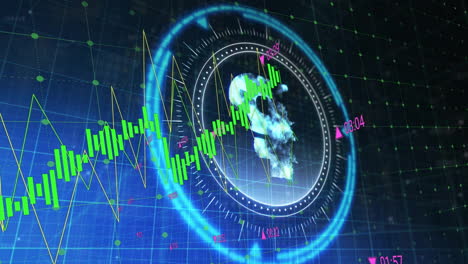 animación del procesamiento de datos y diagramas sobre escaneo de alcance con símbolo de rublo