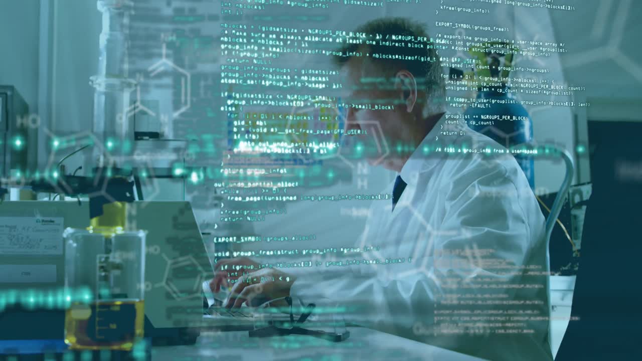 Data processing against male scientist working in laboratory