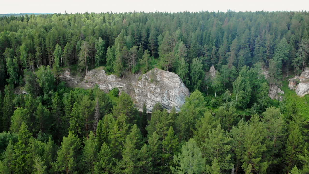 Aerial View of Forest, Rock Formation, and River