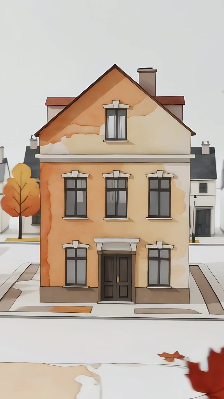 Vertikal video: Roterende kamera cirkler rundt om et tre-etagers hus på et hjørne, der viser rødt tag og appelsintræ