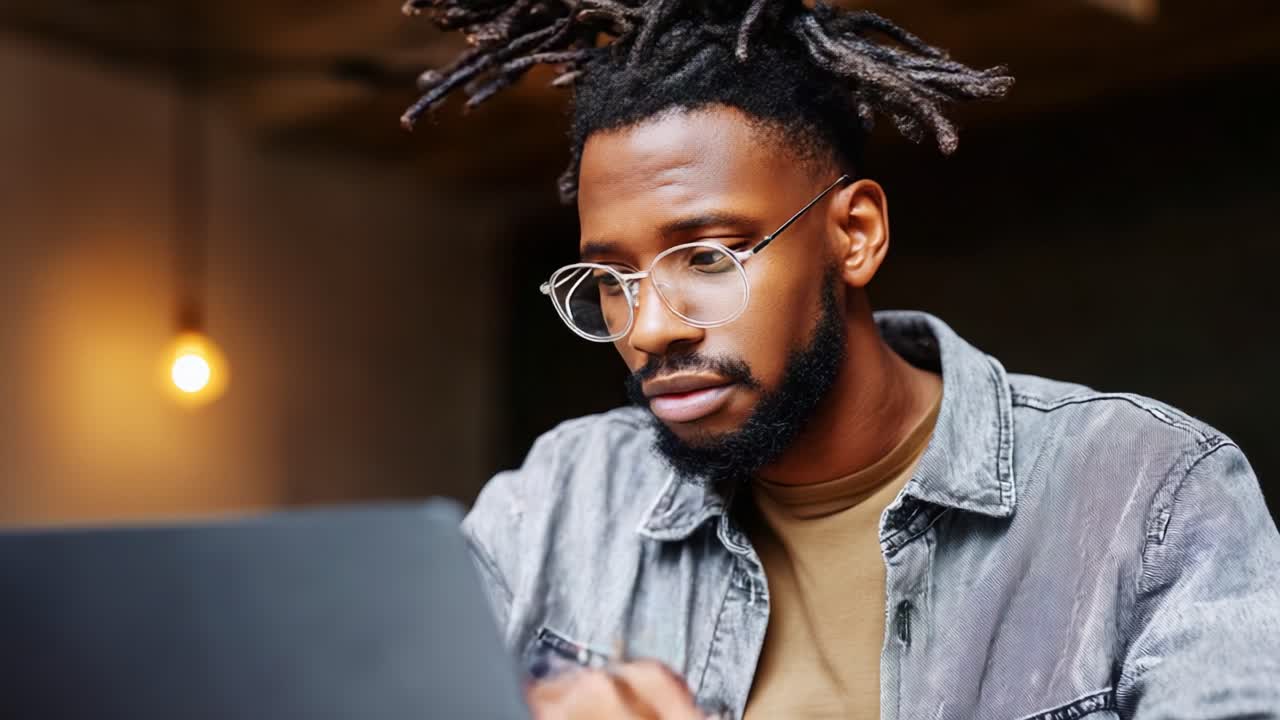 A focused young man with dreadlocks working on a laptop, expressing concentration and thoughtfulness in a cozy indoor environment, highlighting modern remote work challenges and engagement