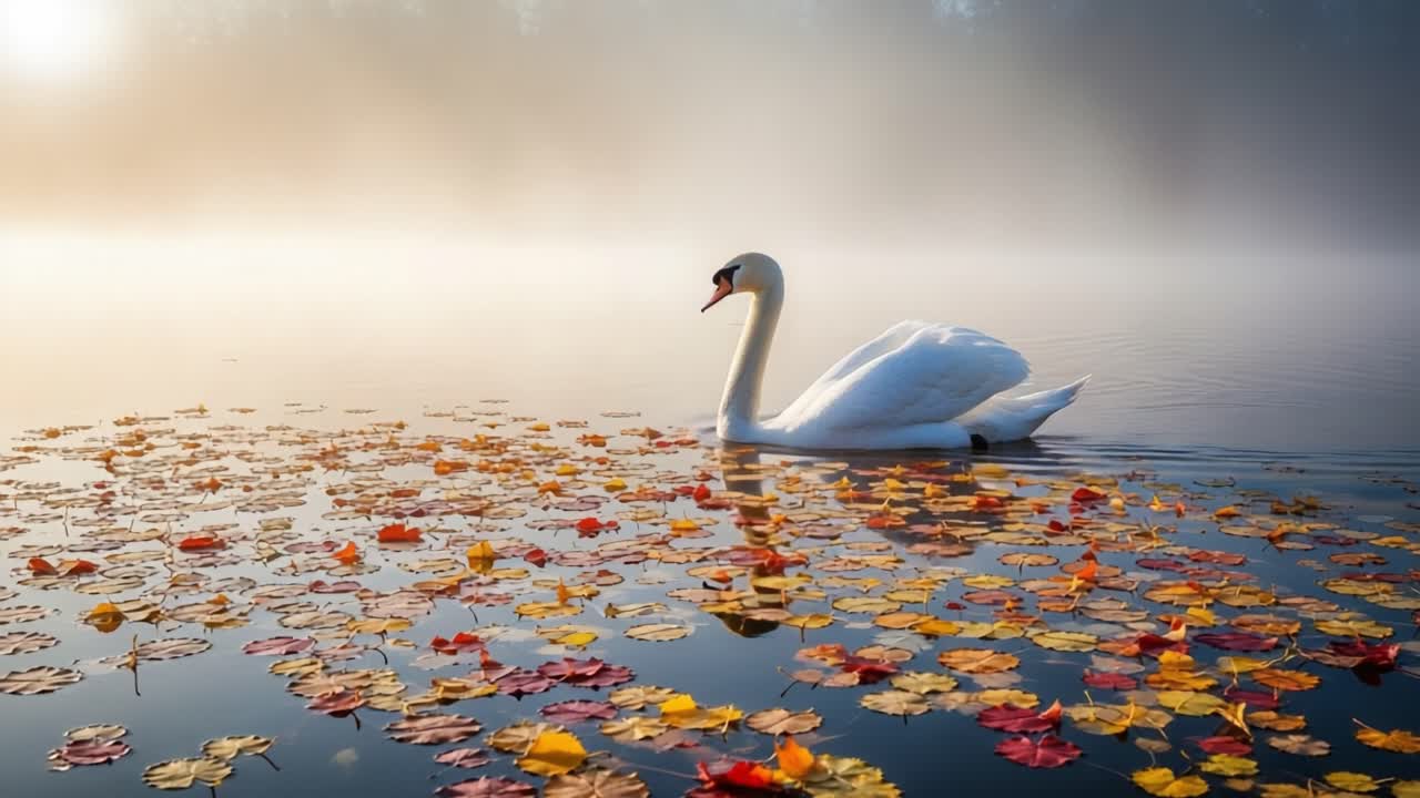 A Majestic Swan Gliding Through Misty Waters Surrounded by Vibrant Autumn Leaves Under Soft Morning Light